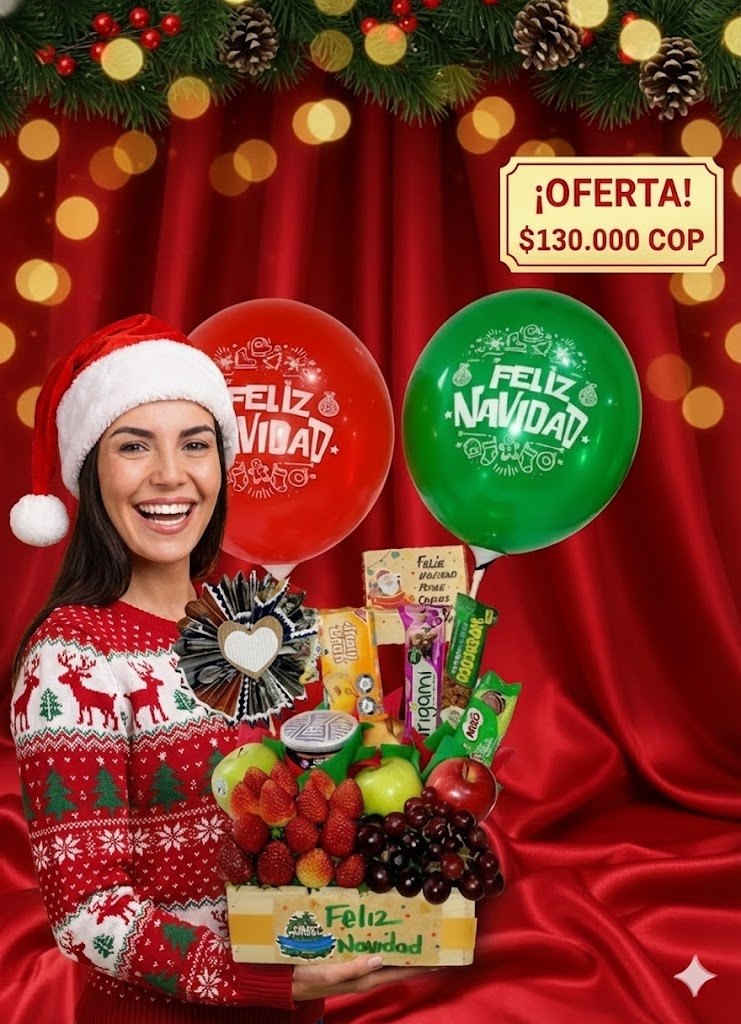 Caja Navideña de Frutas Frescas y Dulces con Globos