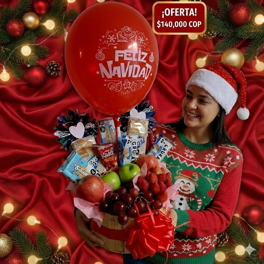 Caja Navideña de Frutas y Snacks con Globo Feliz Navidad