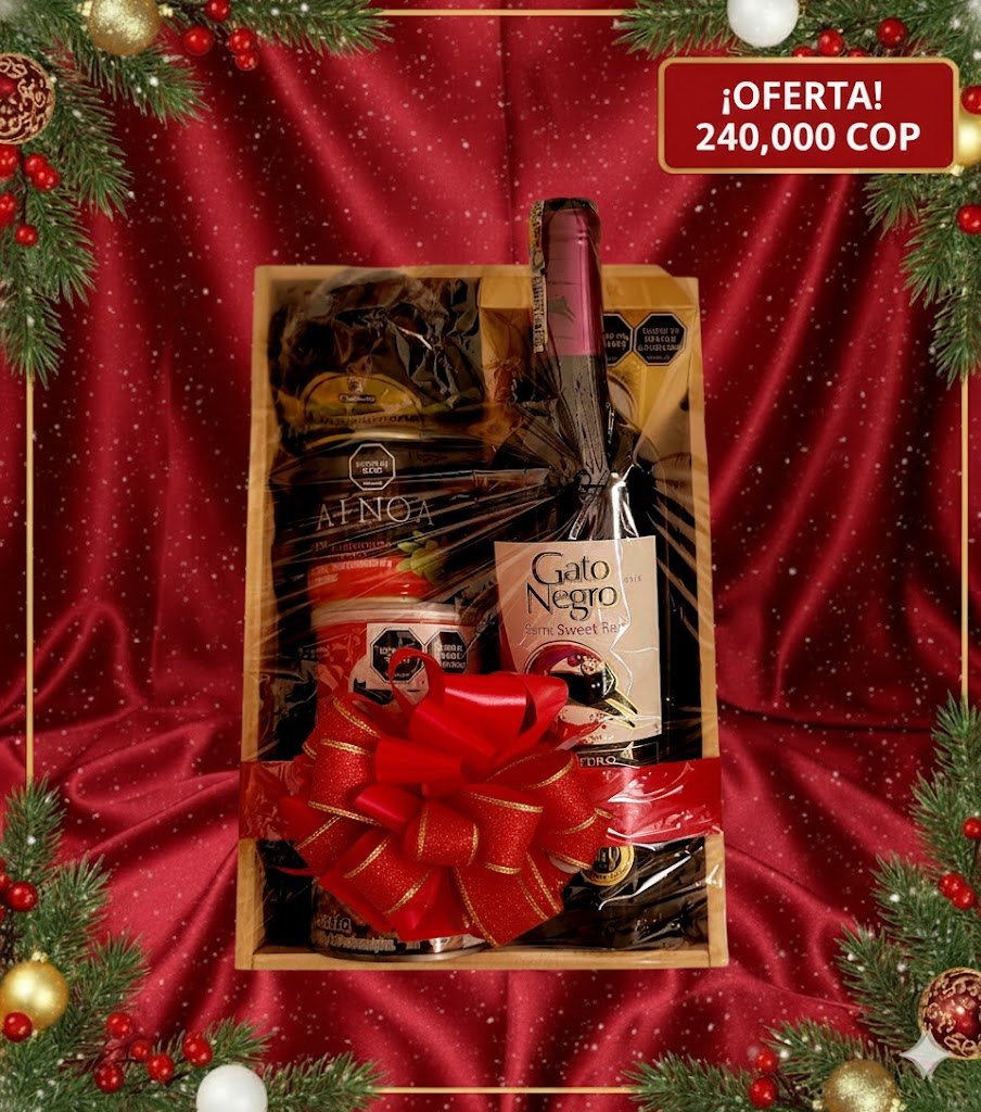 Caja navideña con vino y productos gourmet