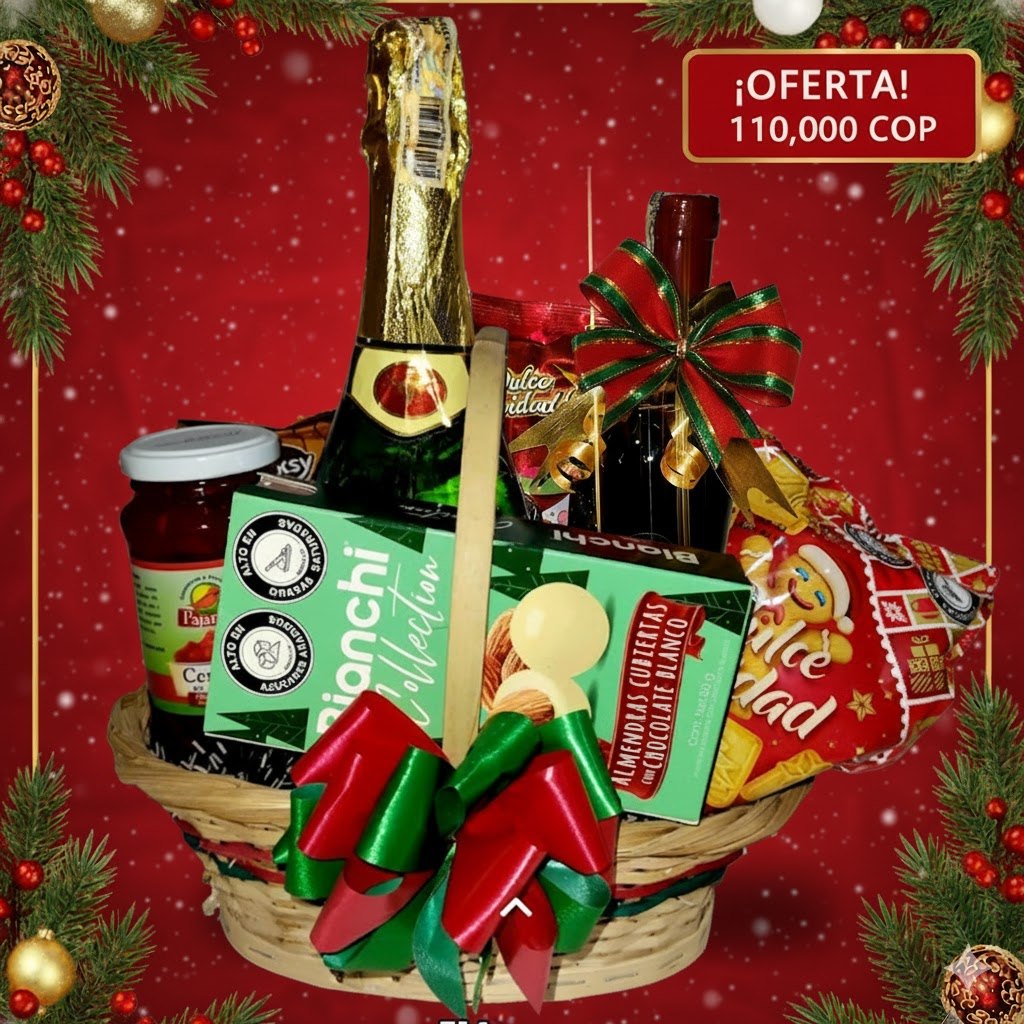 Canasta Navideña Decorativa con Vino y Champaña