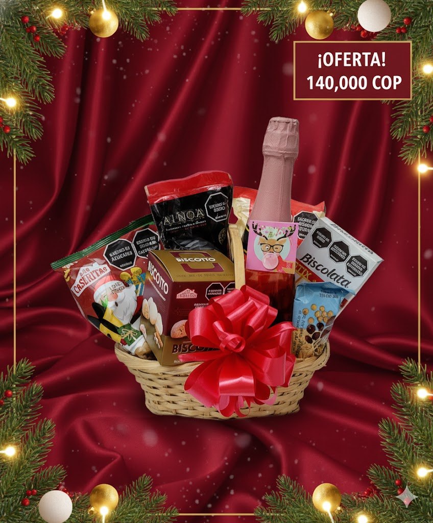 Canasta Navideña Premium con Vino Espumoso y Galletas Gourmet