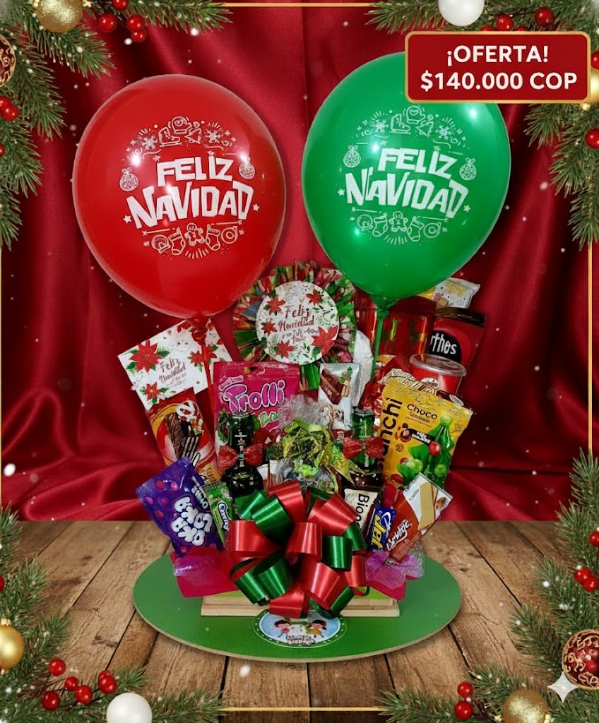 Canasta Navideña Sorpresa con Globos y Golosinas Premium